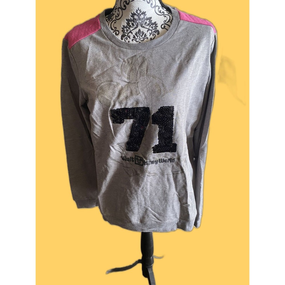 NWT Disney Parks L Shirt Long Sleeve Sequin Mickey Mouse Large Gray Pink Top Lg